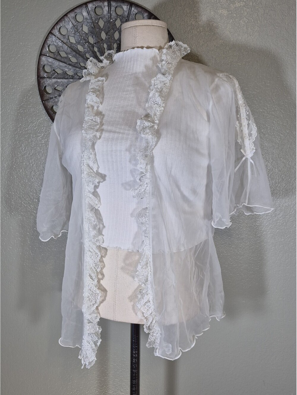 S.G. For Escante Lace Ruffle Open Front Cardigan Sz L Victorian Bow Detail Sexy